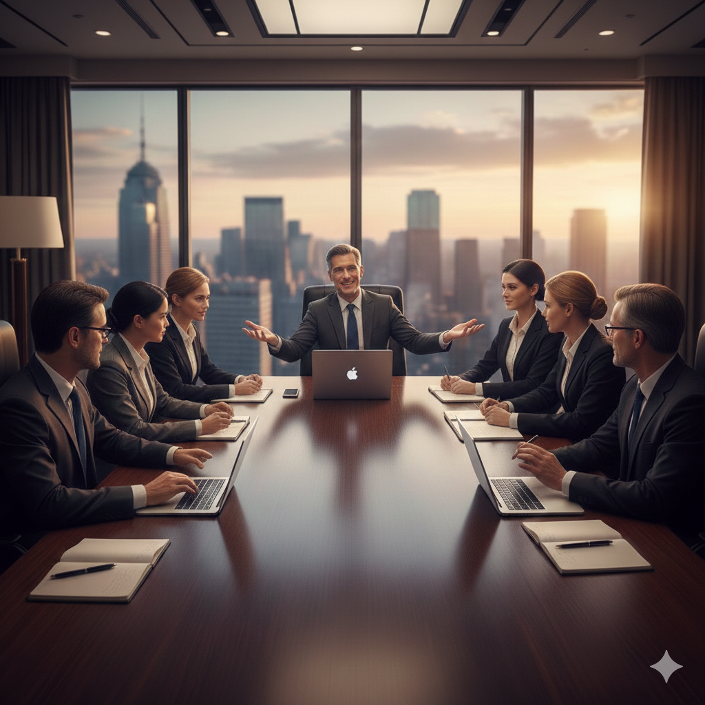 Professionals gathered around a table in a closed-door strategy roundtable session